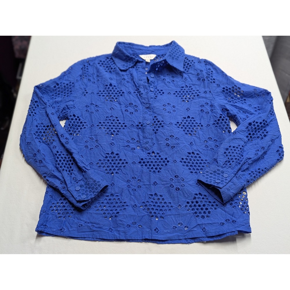 Adiva Royal Blue Floral Eyelet Embroidery Long Sleeve Button Up Top Size M